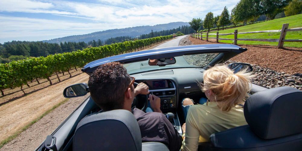 couple driving past a vineyard