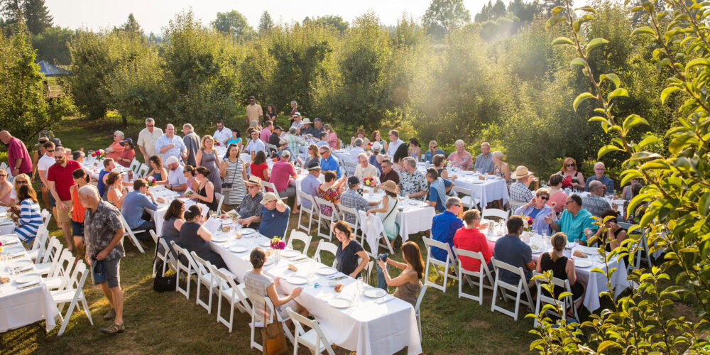 large group of people enjoying an outside dinner
