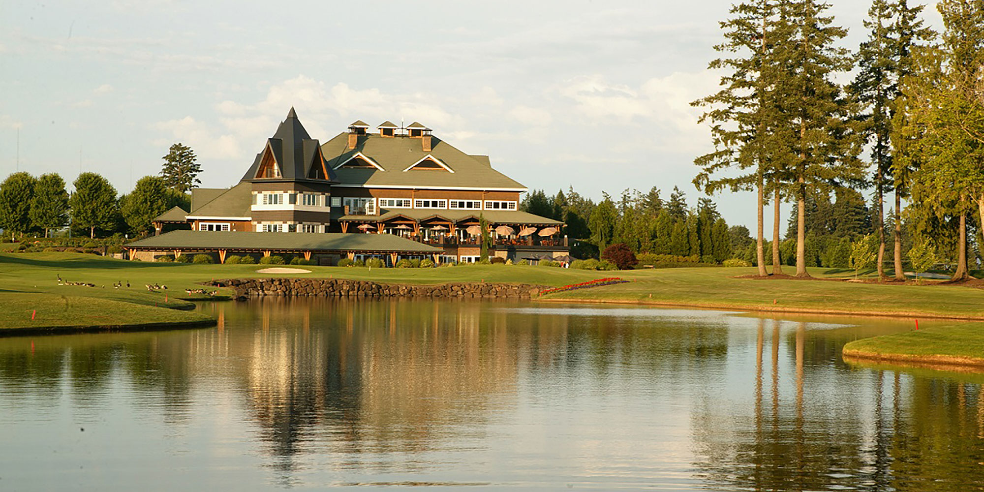 looking over water to the clubhouse at The Reserve
