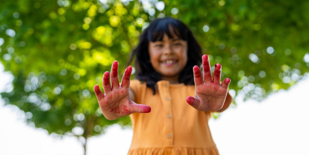 young girl showing her berry stained hands