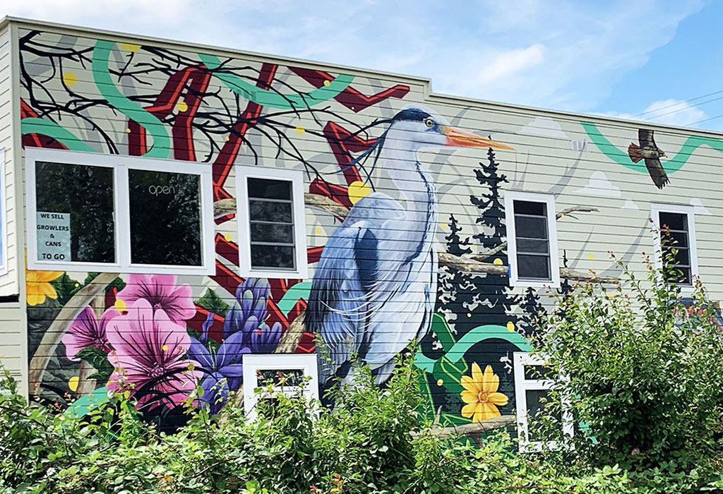 a mural of a heron