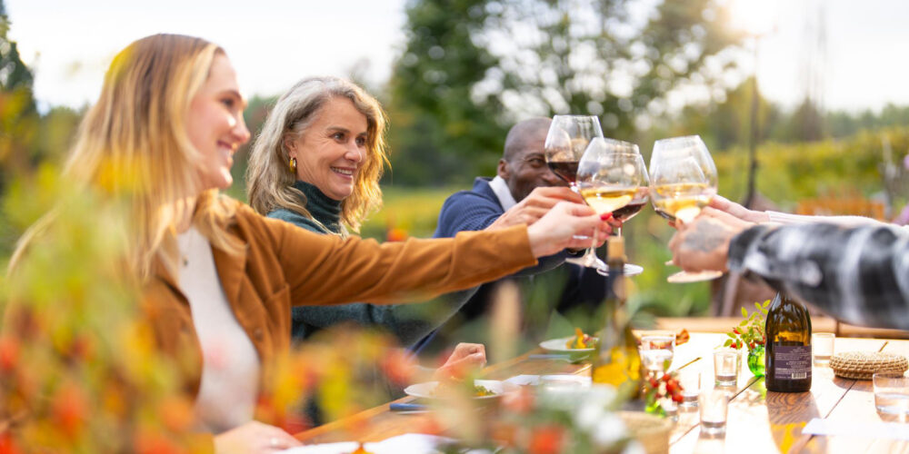 family enjoying wine outdoors on a picnic table