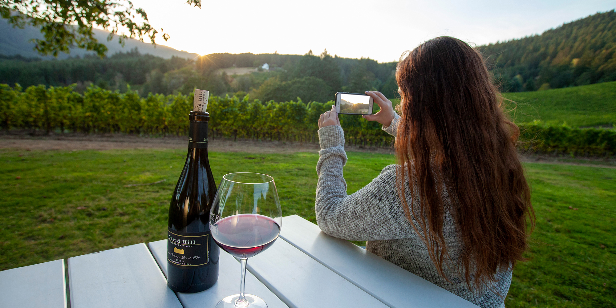 Young lady take a photo with her phone of the sunset at a vineyard