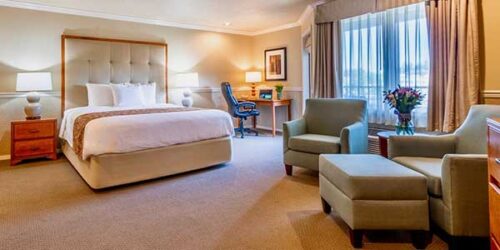 Century Hotel Room Image of a hotel room with one bed and a office work space and two chairs in a sitting area